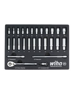 WIH33395 image(0) - WIHA Tools Set Includes - 12 Standard Sockets 4 - 14mm | 11 Deep Sockets 5 - 14mm | 1/4&rdquo; Drive Ratchet 72 Tooth | 1/4&rdquo; Drive Extension Bars 3&rdquo;, 6&rdquo; | 1/4&rdquo; Drive Universal Joint